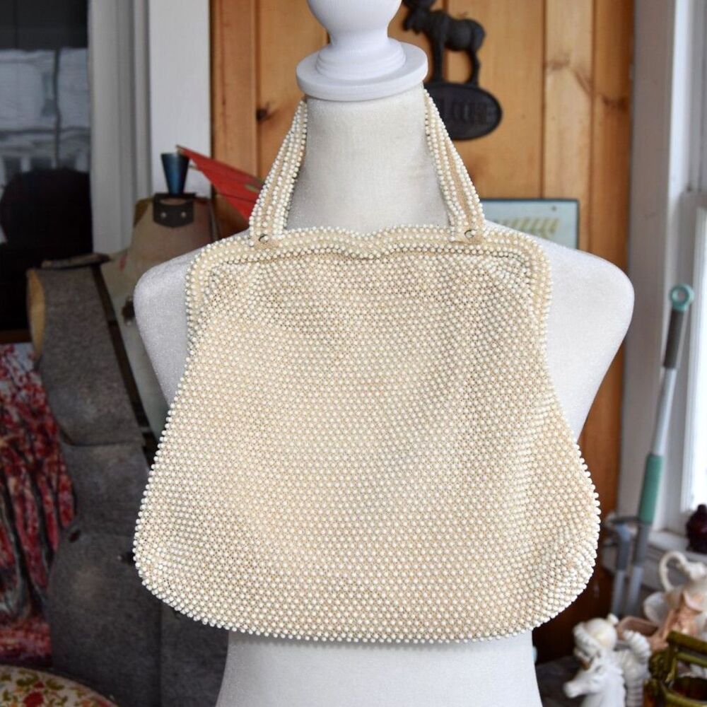Vintage Cordé Bead White Beaded Handbag Made in USA 1950s Purse